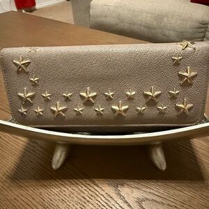 Jimmy Choo Taupe Star-Studded Leather Bi-Fold Long Wallet  - Gold Accents